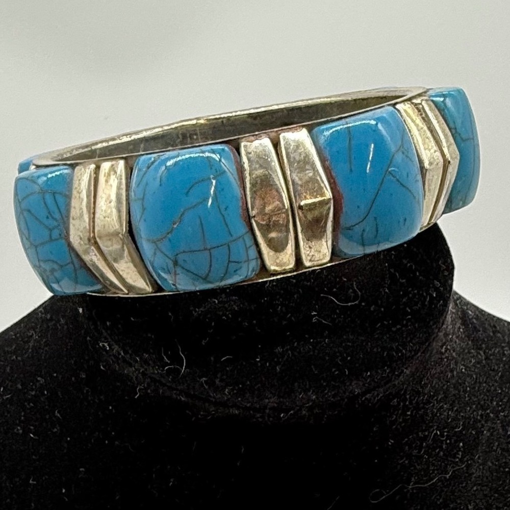 Vintage Silver Tone Faux Turquoise Chunky Bangle Bracelet Southwestern Boho 4253
